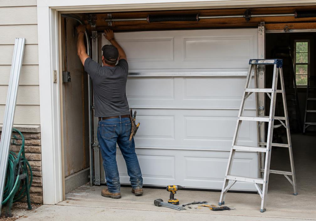 Technician installing a new residential garage door