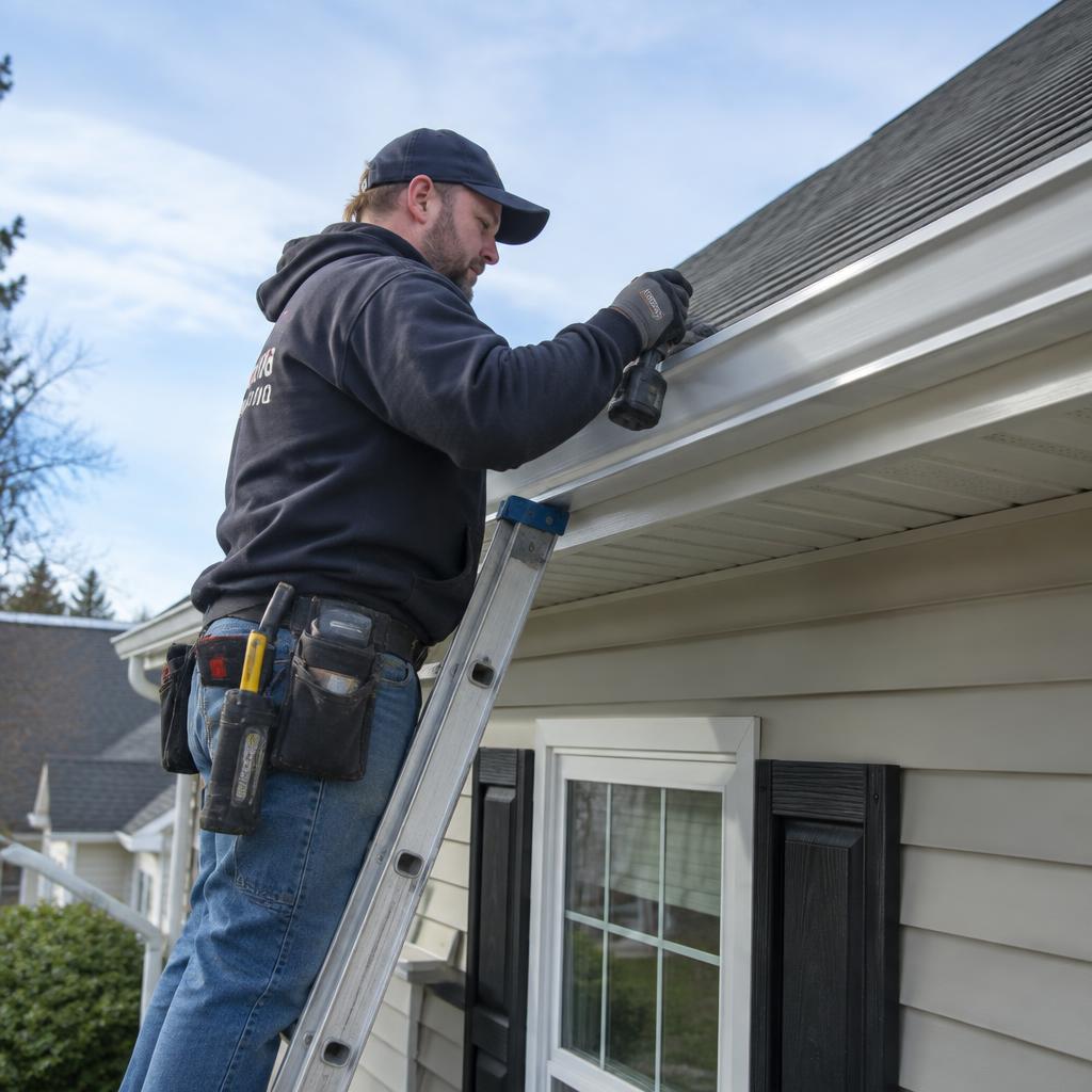 Worker installing seamless aluminum gutters on the eaves of a suburban home