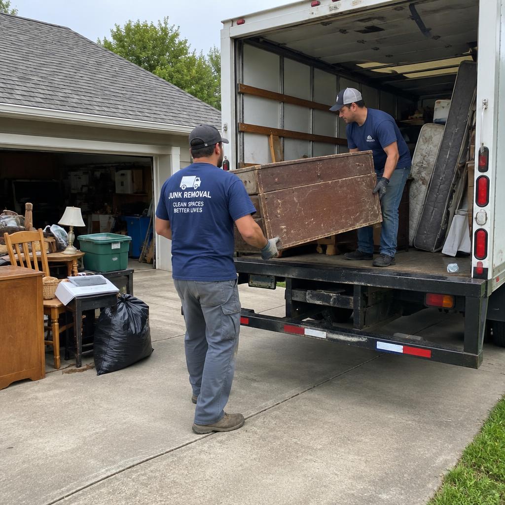 Junk removal crew loading old furniture into a box truck during a garage cleanout