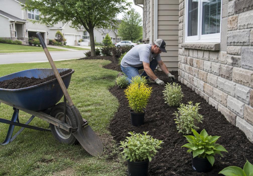 Landscaper planting shrubs and shaping a front-yard garden bed