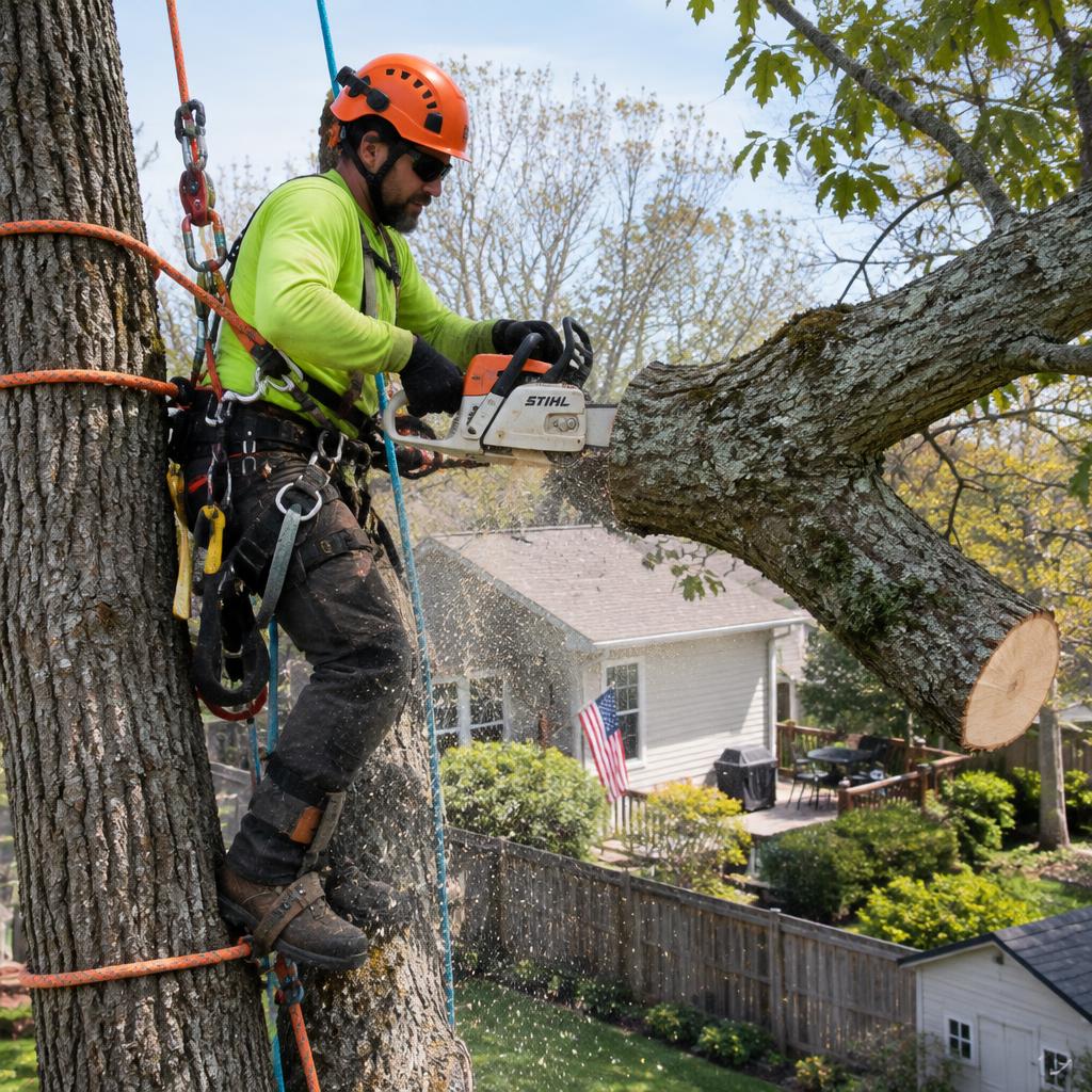 Tree service climber with safety rigging cutting a large branch over a backyard