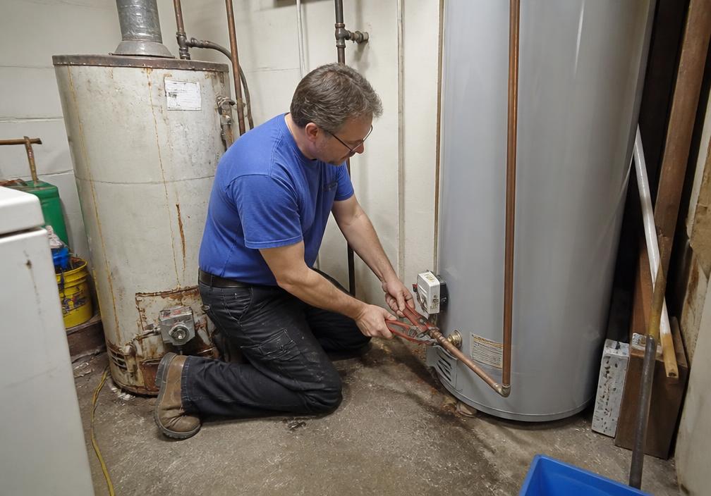 Plumber installing a new water heater in a home utility room